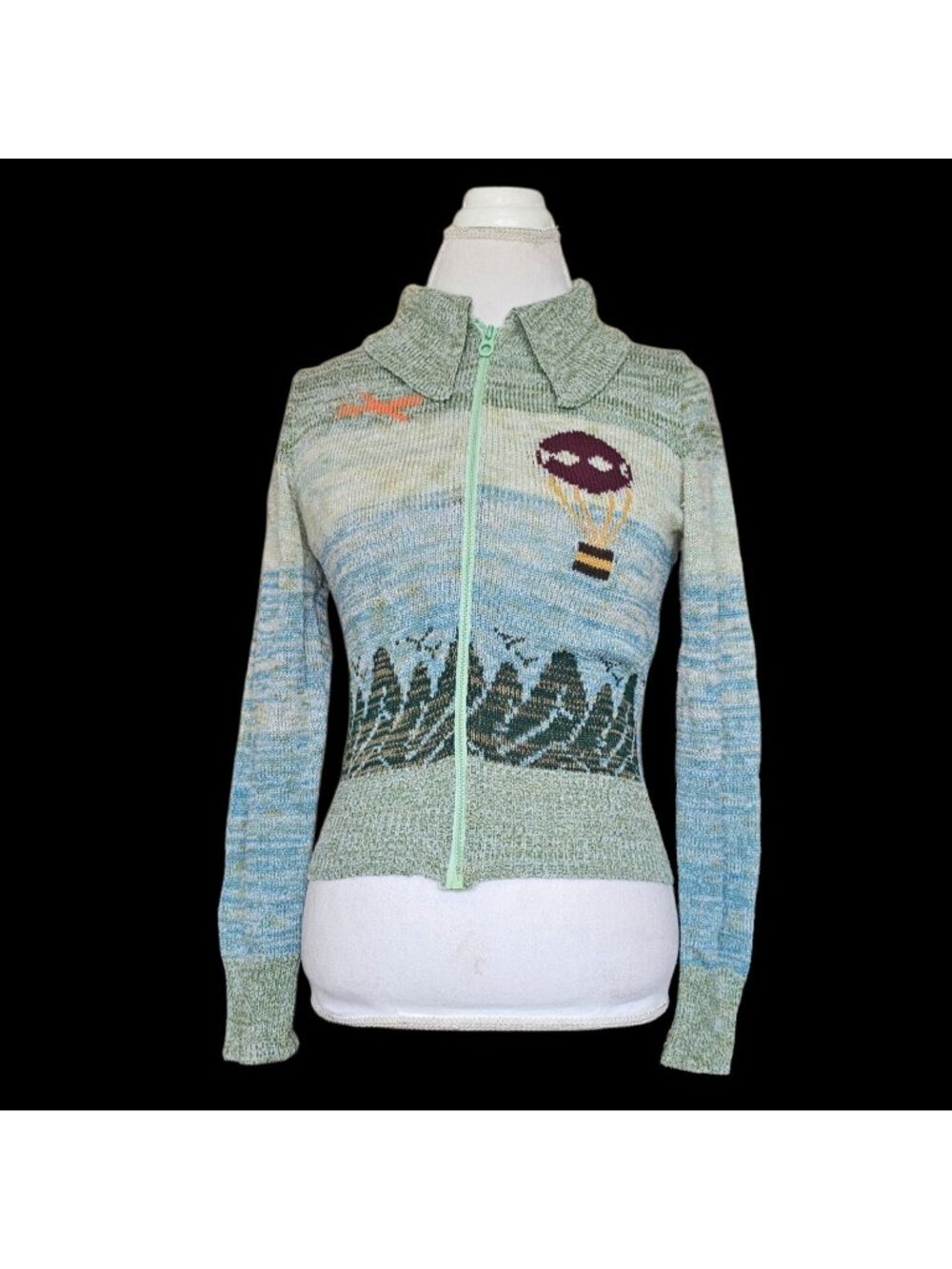 VTG 70s Arpeja Nature Scene Air Balloon Cardigan Sweater Sz S Space Dye